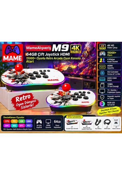 M9 4k 64gb Çift Joystick Hdmi 15000+ Oyunlu Retro Arcade Oyun Konsolu Atari