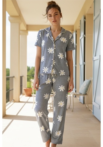 Siyah İnci Düğmeli Biyeli Viskon Örme Pijama Takım 26120763 Lacivert Çizgi