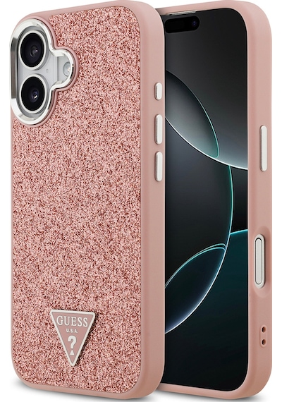 Apple Uyumlu iPhone 17 Kılıf Guess Lisanslı M-safeli Metal Kamera Çerçeveli Üçgen Logolu Glitter Pembe Pembe