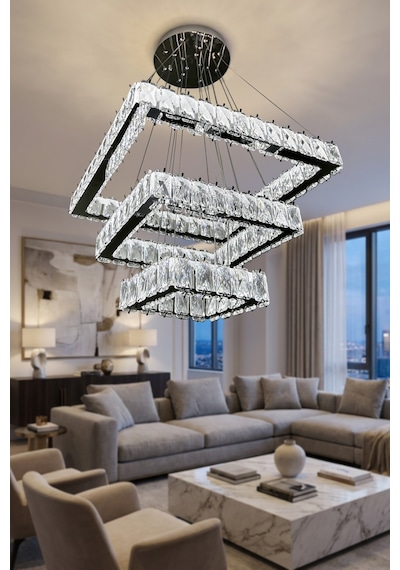 Kare 3 Kat Kristal Taşlı Modern Led Avize Salon & Oturma Odası Renkli