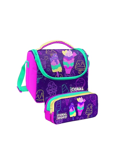 Coral High Mor Pembe Dondurma Desenli Kız Çocuk Isı Yalıtımlı Beslenme Çantası Ve Kalemlik Seti