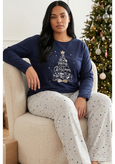 Siyah İnci Pamuklu Likralı Büyük Beden Battal Boy Örme Pijama Takım 26240937 Lacivert