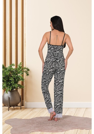 Myben Kadın Zebra Desenli Pamuklu Likralı Siyah Renkli Askılı Dantel Detaylı Pijama Takımı 28456 Siyah