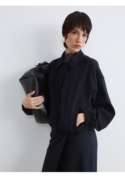 Lcw Vision Lacivert Çizgili Oversize Kadın Gömlek Ceket