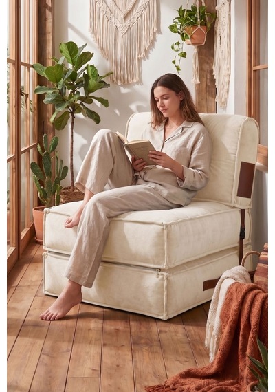 Reyo Pufymax Comfy Plus Koltuk Minder Modüler Yer Koltuğu Sırt Destekli Berjer 75x75x85cm Yıkanabilir Fermuarlı Krem Açık Krem