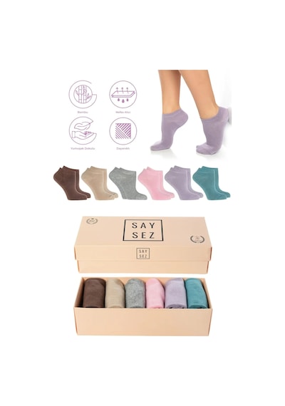 Saysez Bambu Kadın Patik Düz Çok Renkli Çorap Dikişsiz Premium Kutulu 6'lı Paket Renkli