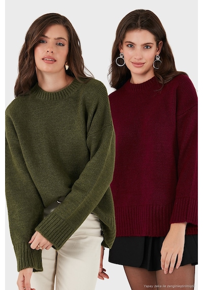 Lela Regular Fit Bisiklet Yaka Basic 2'Li Paket Triko Bayan Kazak 4616213S2 Bordo-Haki