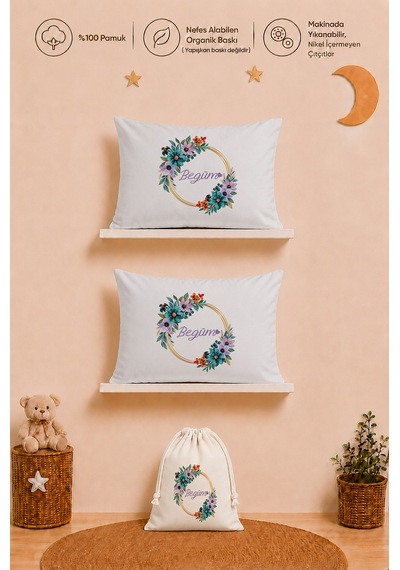 İsme Özel Kız Bebek Hediyesi 2 Adet 35x45 %100 Pamuk Yastık Kılıfı Ve Ham Bez Bebek Kıyafet Kesesi 1026y2k3x