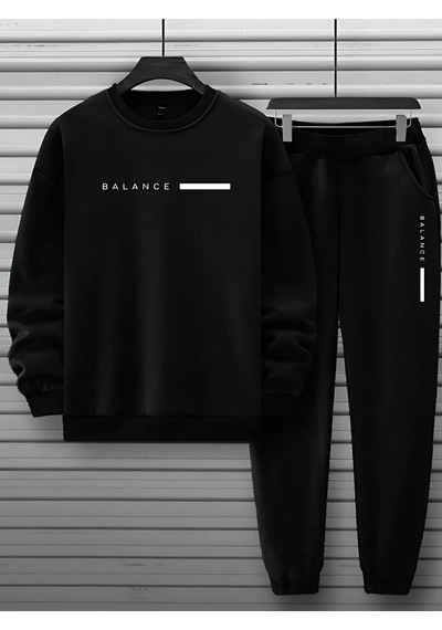 Balance Kalın Kışlık Eşofman Takımı - Siyah Sweatshirt Jogger Oversize Bisiket Yaka Siyah
