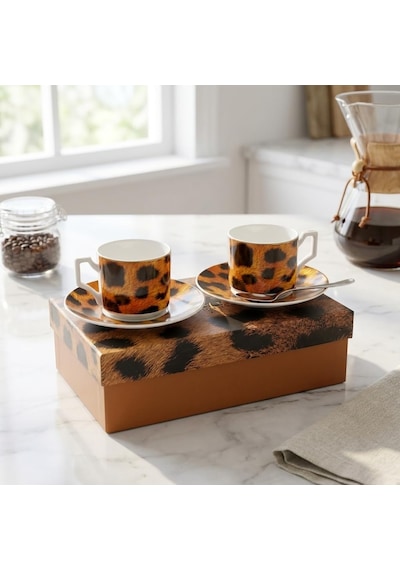 Tr 2'li Porselen Kahve Fincanı Takımı - 100 Cc Leopar Desenli Altın Yaldızlı Premium Türk Kahvesi Ve Espresso Fin Diğer