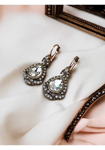 Kristal Taşlı Antik Bronz Su Damlası Küpe Beyaz