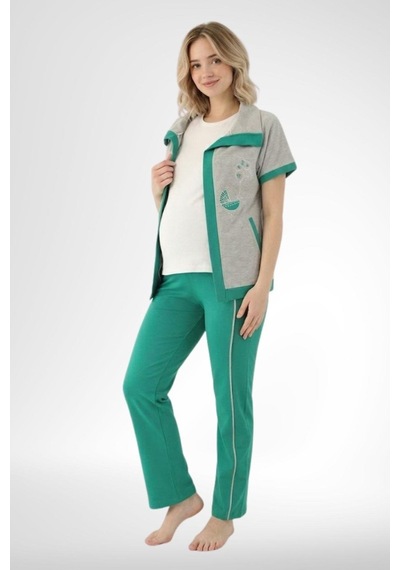 Mecit Pijama Mecit 6352 Yeşil Bayan Yelekli Hamile Lohusa Pijama Takımı
