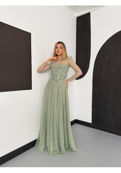 Livanomi Bolerolu İşlemeli Mint Yeşili Dantelli Abiye