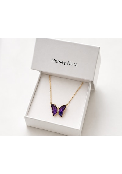 Mor Butterfly Taşlı 316l Paslanmaz Çelik Kolye Hediye Altın - Gümüş