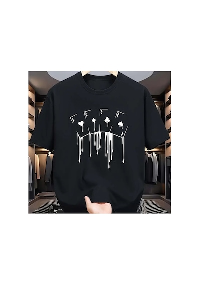 Caddemia Yaz Rahat Gevşek Artı Boyutu Poker Kartı Desen Baskılı Spor Rahat Yuvarlak Y Siyah 2XL Caddemia Yaz Rahat Gevşek Artı Boyutu Poker Kartı Desen Baskılı Spor Rahat Yuvarlak Y Siyah 2XL