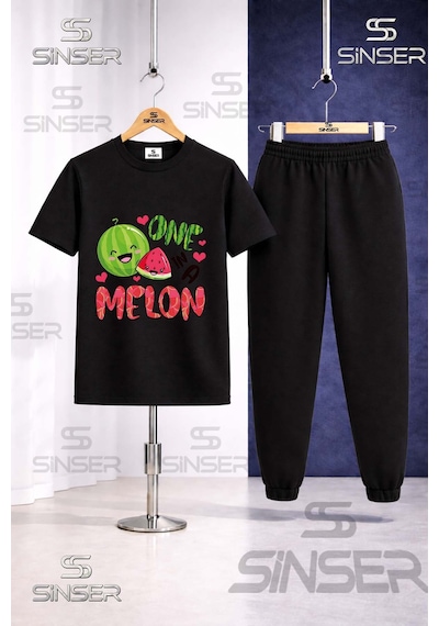 Ss Sinser Çocuk Karpuz One Melon Yazılı Baskılı Tişort Eşofman Takımı Siyah