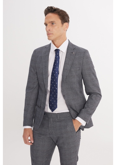 AC&Co / Altınyıldız Classics Erkek Grı Mavı Ekstra Slim Fit Dar Kesim Mono Yaka Kareli Kapak Cepli Takım Elbise Grı Mavı