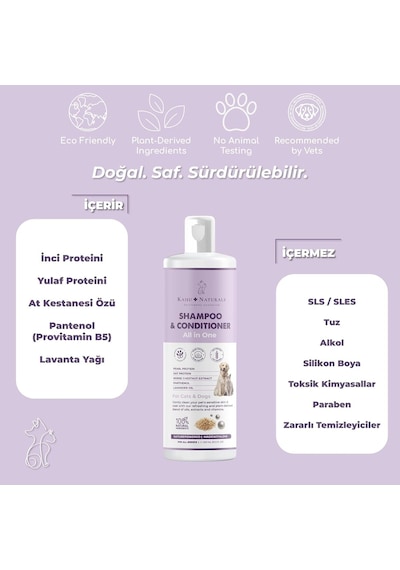 All İn One Şampuan Nemlendirici, Köpek Ve Kedi, İnci Ve Yulaf Proteini, At Kestanesi, Pantenol,%100 Doğal, 400 Ml