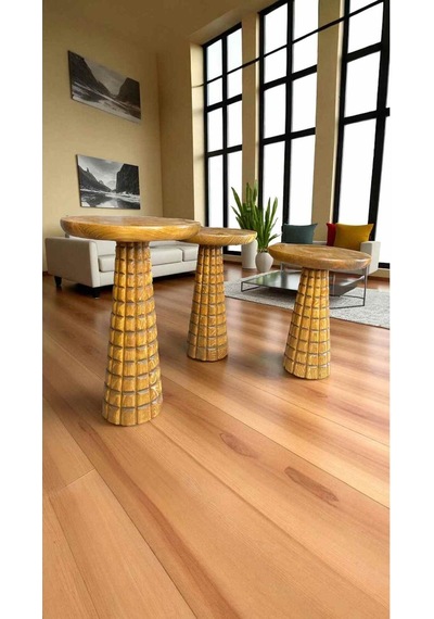 Simillo 3 Lü Ahşap Mantar Sehpa Seti Koyu Ceviz Renkli Masif Doğal Zigon Ve Yan Sehpa - Wooden Side Table Koyu Ceviz