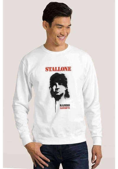 Stallone In Rambo Baskılı Beyaz Erkek Sweatshirt