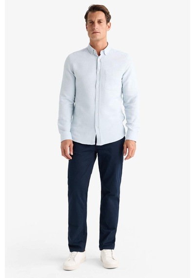 DeFacto Slim Fit Dar Kesim Düğmeli Dokulu Düz Pamuk Karışımlı Uzun Kollu Gömlek T2066AZ24AUBE723
