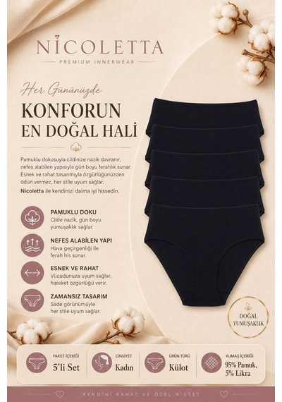 Nicoletta Kadın Külot Yüksek Bel Bikini 5 Li Paket Pamuklu Siyah