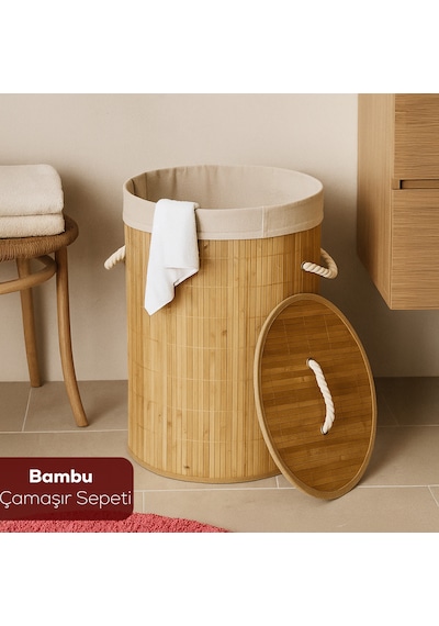 Porsima Pbt-052 Kapaklı Kirli Çamaşır Sepeti Yuvarlak - Bambu Kirli Çamaşır Sepeti Bambu