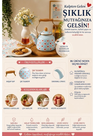 Ahşap Saplı Kampli Emaye Demlik Kettle 2,5 Lt Mavi Alv037