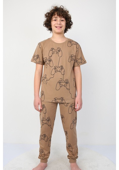 Zuzunga Kısakollu Play Console Desenli Erkek Çocuk Pijama Takımı Alt-üst Kahverengi