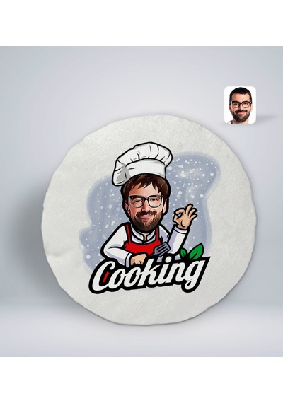 Bk Gift Kişiye Özel Erkek Chef Karikatürlü Yuvarlak Araç Koltuk Yastığı-14 Beyaz