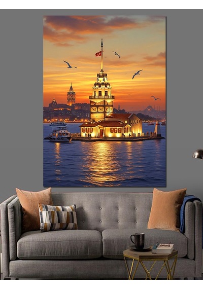 Ahşap Tablo Gece Işıkları Altında İstanbul Kız Kulesi