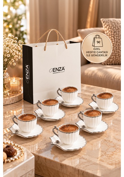 Porsima A-515 6 Kişilik Porselen Türk Kahvesi Fincan Takımı - Zümrüt Platin Yaldızlı Deniz Kabuğu / İstiridye Tasarım Fincan Seti Beyaz - Platin