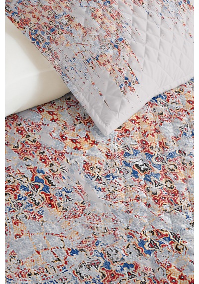 Etnik Modern Gri Genç Odası Tek Kişilik Pike Takımı - Mavi Turuncu 160x220 Cm Kapitone Yatak Örtüsü Masalsı Masal Kokusu