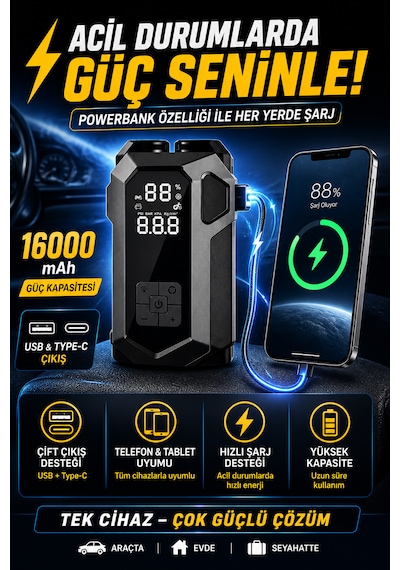 Merwish 16000mah 4'ü 1 Arada Akü Takviye Cihazı 2000a Hava Kompresörü Powerbank Led Fener Dijital Ekran Çantalı