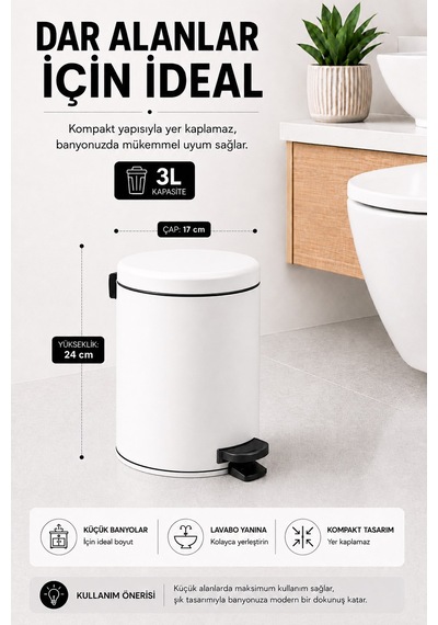 Pedallı Çöp Kovası 3 Litre İç Kovalı Kapaklı Banyo Çöp Kutusu Beyaz - Elit 7003