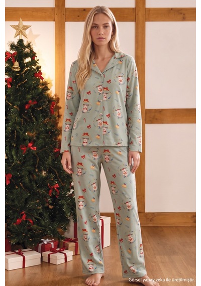 Siyah İnci Yeşil Yılbaşı Temalı Desenli Termal Kumaşlı Ultra Soft Yumuşak Düğmeli Örme Pijama Takımı 26226824