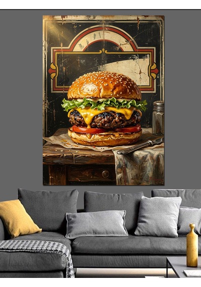Eskiz Kağıdı Üzerinde Büyük Hamburger Dekoratif Kanvas - Mdf Ahşap Tablo