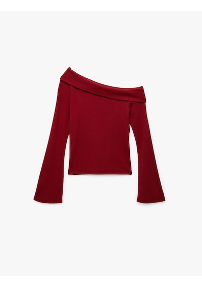 Koton Pamuklu Slim Fit Uzun İspanyol Kollu Omzu Açık Tişört Bordo 6wak50039ek Bordo