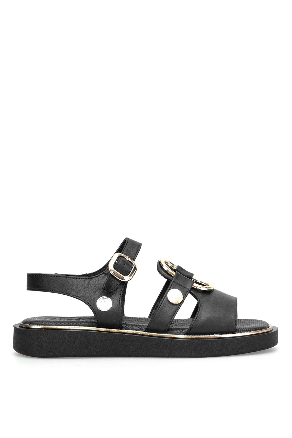 Mammamia D26ys-5290 Kadın Hakiki Deri Tokalı Düz Taban Comfort Sandalet Siyah Siyah