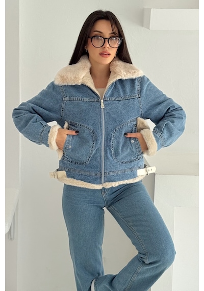 Kadın Kürk Astarlı Denim Ceket Sıcak & Sokak Stili Mavi