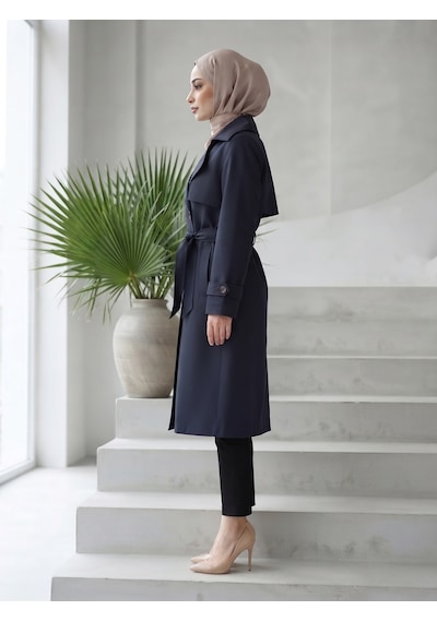 B.he.z Kruvaze Yaka Bondik Su İtici Kumaş Astarlı Trend Model Diz Altı Trençkot Lacivert