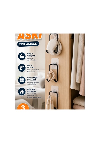3 Lü Yapışkanlı Duvar Askısı Çok Amaçlı Düzenleyici Renkli