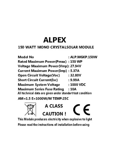 150 Watt Monokristal Güneş Paneli