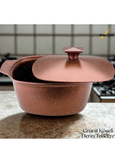 Katre 28 Cm Granit Köşeli Derin Tencere Alüminyum Kapak - Koyu Bakır