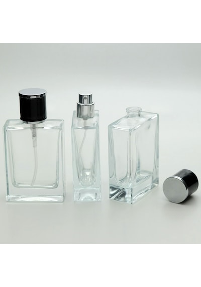 20 Adet Boş Cam Parfüm Şişe, 50 Ml, Dolgulu Kare Model, Şeffaf