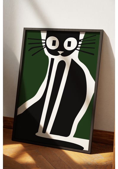 Kedi Cat Dekoratif Yeşil Poster Tablo Siyah Çerçeveli