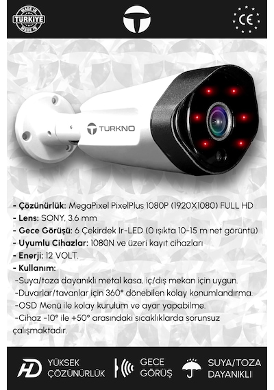 Turkno 5 Kameralı Galia 5 Dış Kamera Set HDD'siz Full HD Gece Görüşlü Güvenlik Kamerası Sistemi