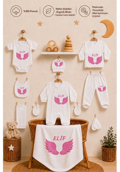 Pia Baby Kız Bebek Hastane Çıkışı 10 Parça %100 Pamuk İsimli Kişiye Özel Organik Baskılı Set 2055103x Ekru