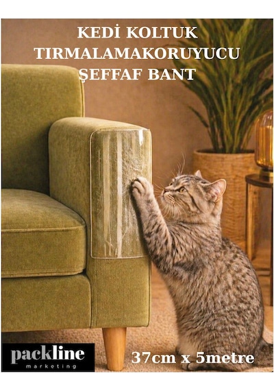 Packline Marketing Kedi Koltuk Tırmalama Koruyucu Şeffaf Yapışkanlı Mobilya Tırmalama Önleyici Bandı 37cm X 5metre