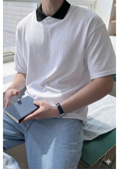 Erkek Kolej Yaka Tişört Kontrast Detaylı Casual Regular Polo Yaka T-shirt Beyaz